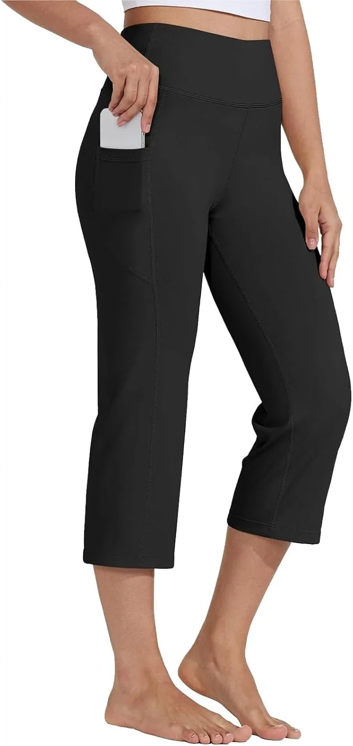 Women's Knee Length Leggings Yoga Capris High Waist Tummy Control Running Athletic Gym Biker Shorts with Pockets