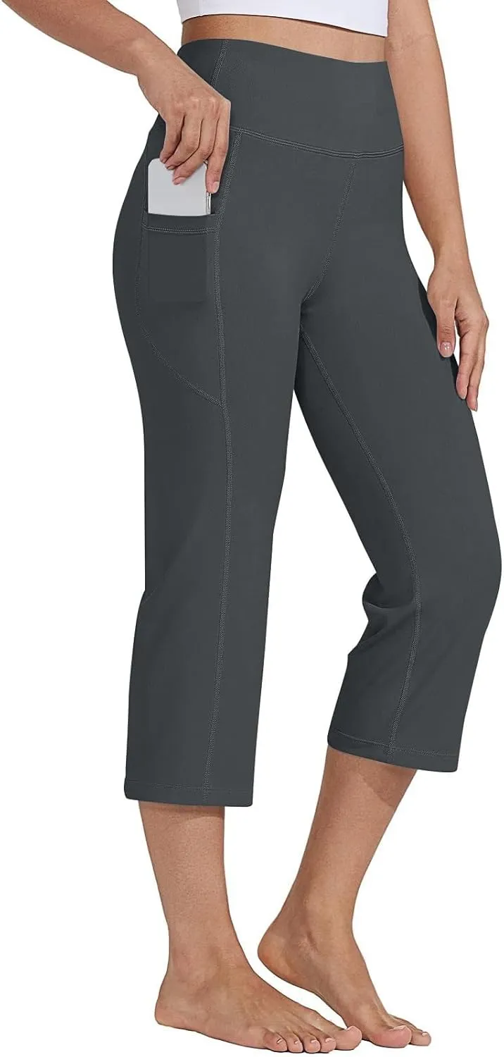 Women's Knee Length Leggings Yoga Capris High Waist Tummy Control Running Athletic Gym Biker Shorts with Pockets