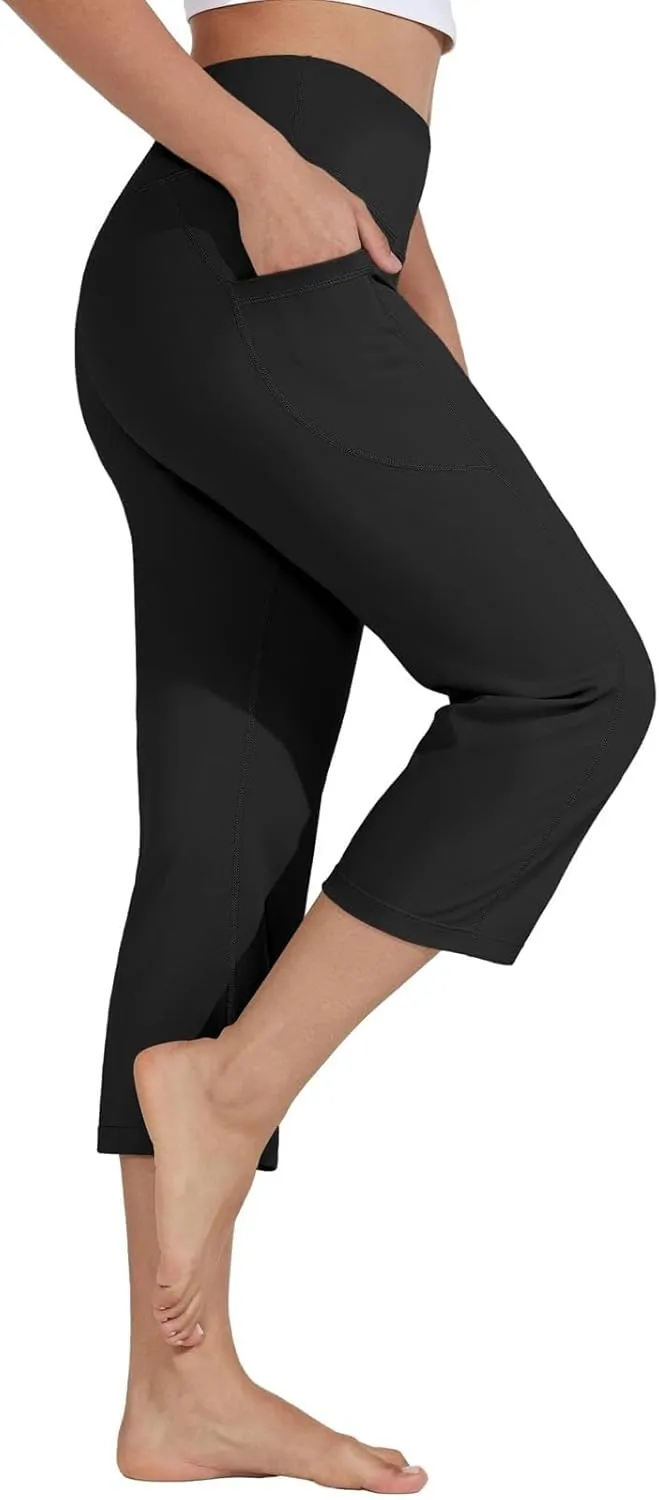 Women's Knee Length Leggings Yoga Capris High Waist Tummy Control Running Athletic Gym Biker Shorts with Pockets