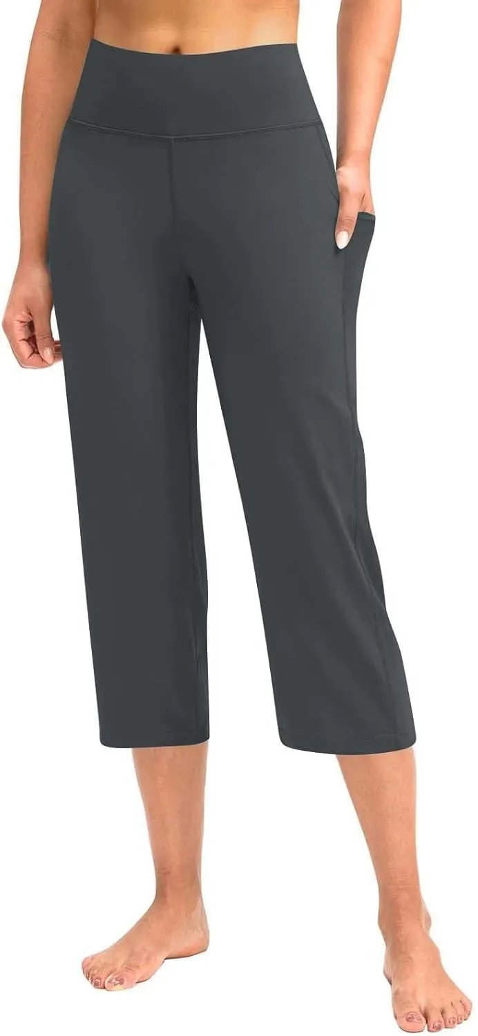 Women's Knee Length Leggings Yoga Capris High Waist Tummy Control Running Athletic Gym Biker Shorts with Pockets