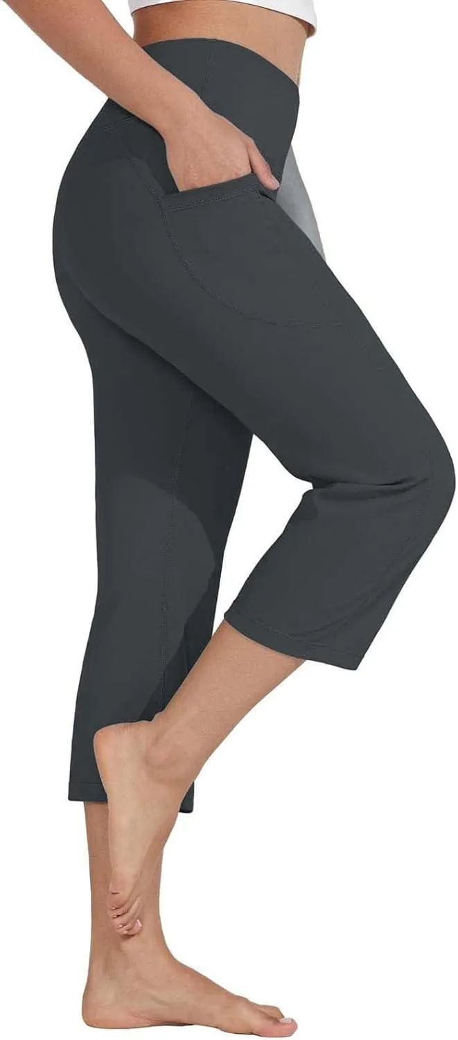 Women's Knee Length Leggings Yoga Capris High Waist Tummy Control Running Athletic Gym Biker Shorts with Pockets