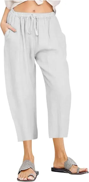 Womens Linen Loose Fit High Cut Straight Leg Summer Fall Pants 2025 Y2K Beige L or XL