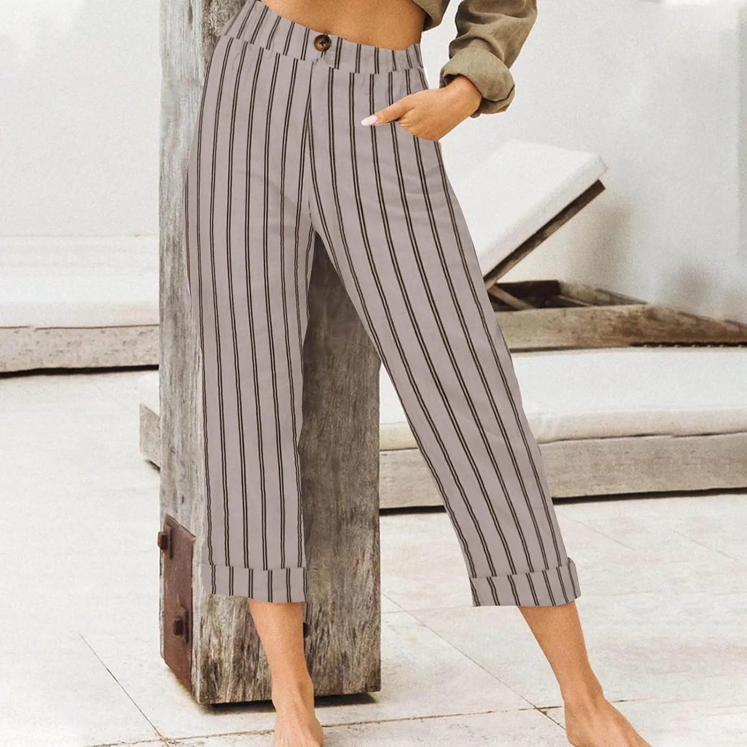 Womens Linen Loose Fit High Cut Straight Leg Summer Fall Pants 2025 Y2K Beige L or XL