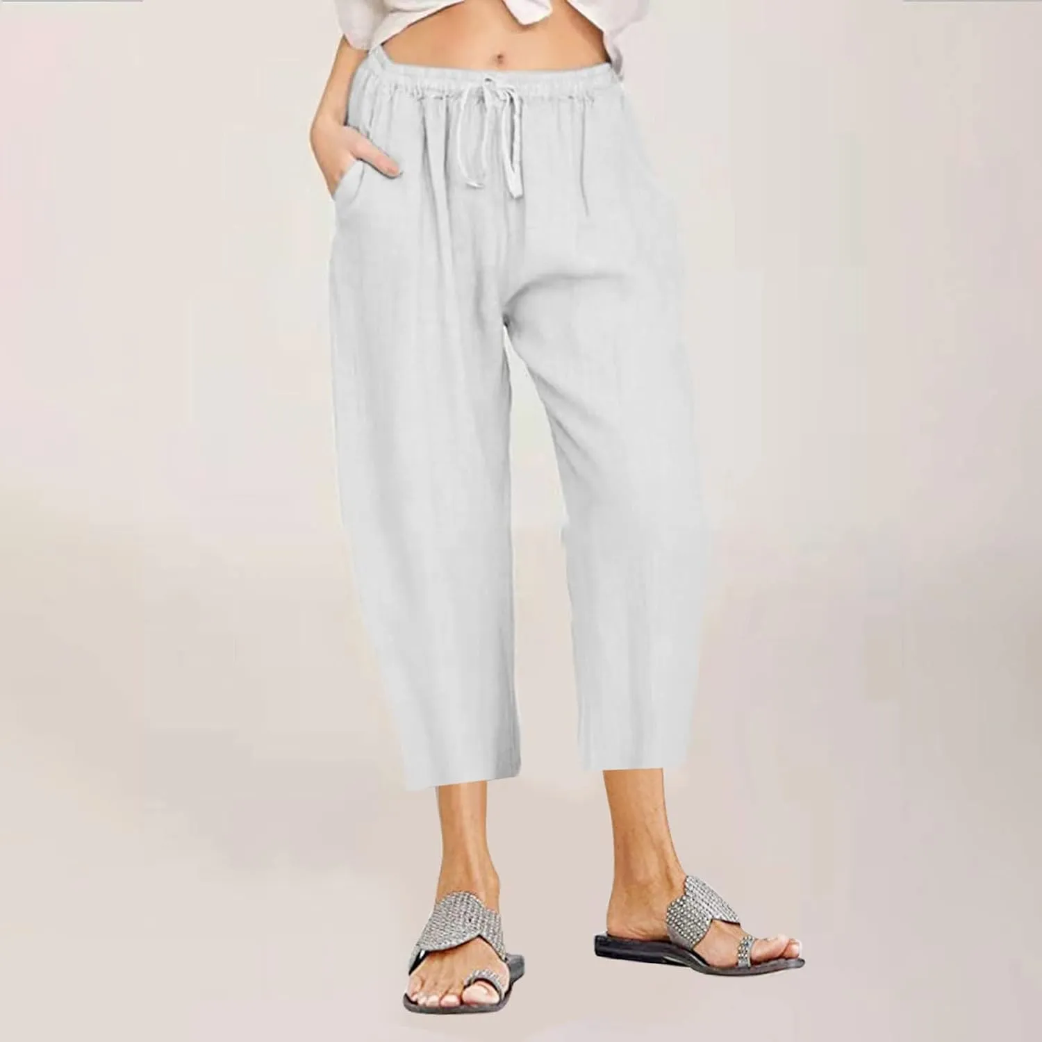 Womens Linen Loose Fit High Cut Straight Leg Summer Fall Pants 2025 Y2K Beige L or XL