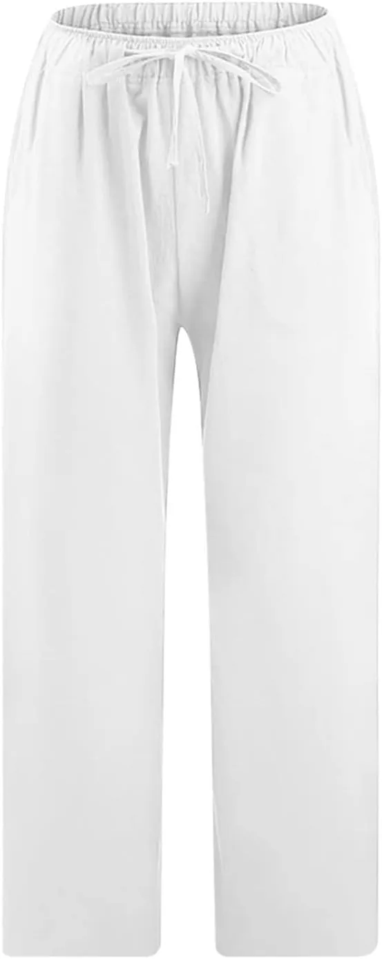 Womens Linen Loose Fit High Cut Straight Leg Summer Fall Pants 2025 Y2K Beige L or XL
