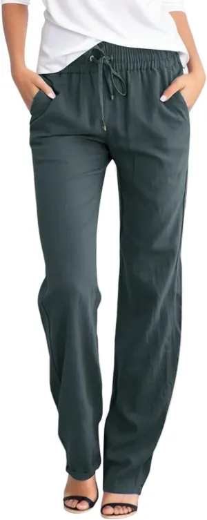 Women's Linen Pants Straight Leg Drawstring Elastic High Waist Loose Comfy Palazzo Trousers with Pockets