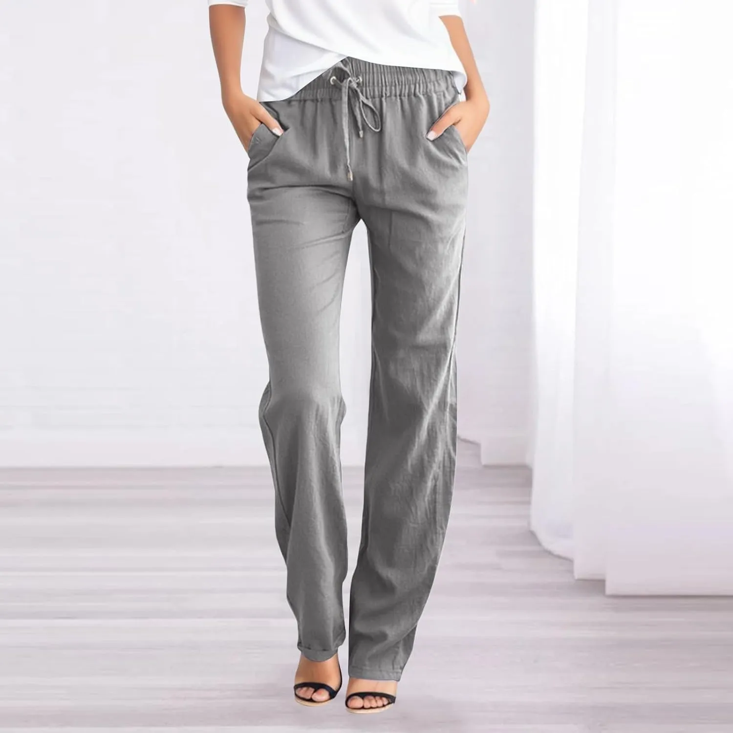 Women's Linen Pants Straight Leg Drawstring Elastic High Waist Loose Comfy Palazzo Trousers with Pockets
