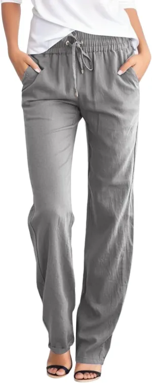 Women's Linen Pants Straight Leg Drawstring Elastic High Waist Loose Comfy Palazzo Trousers with Pockets