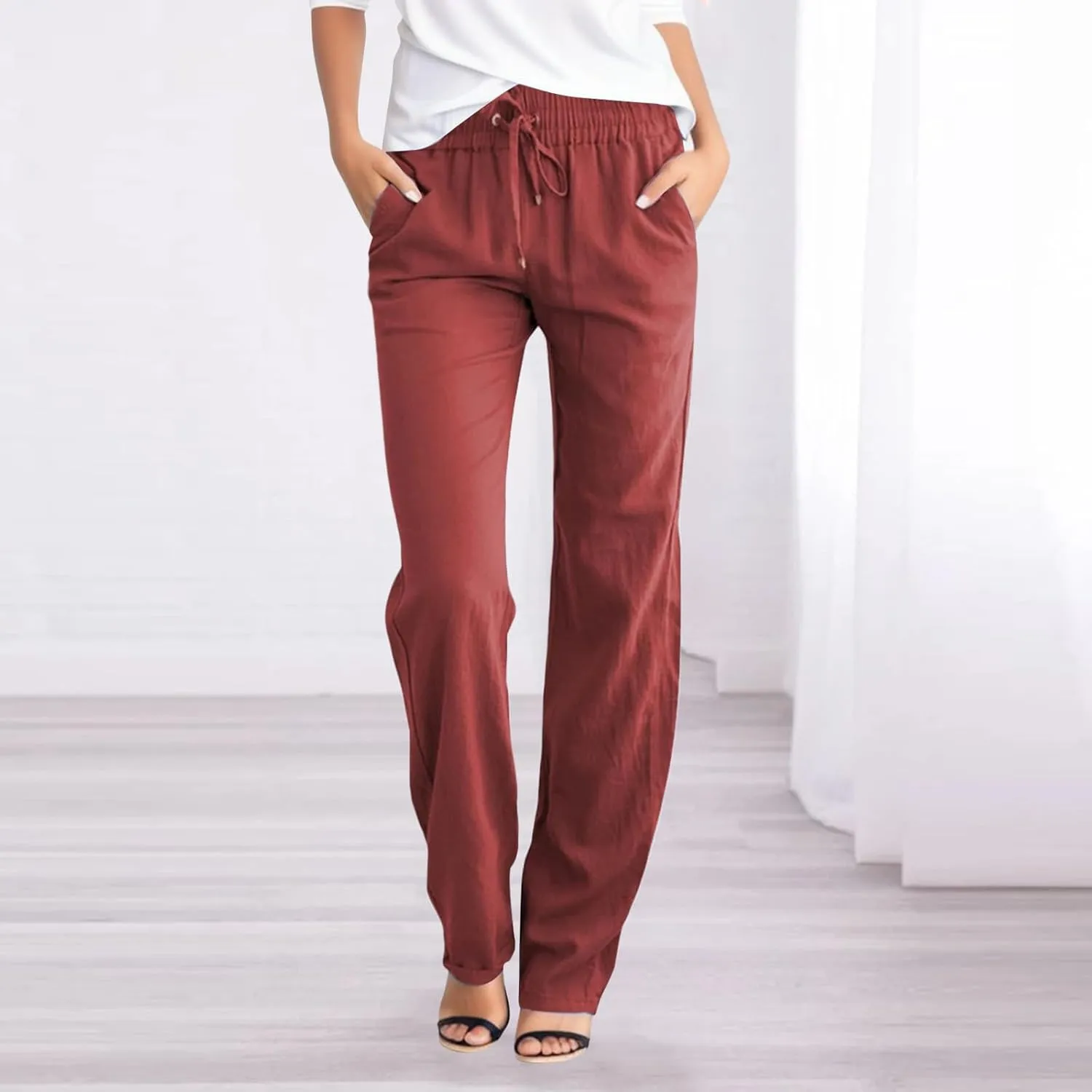 Women's Linen Pants Straight Leg Drawstring Elastic High Waist Loose Comfy Palazzo Trousers with Pockets