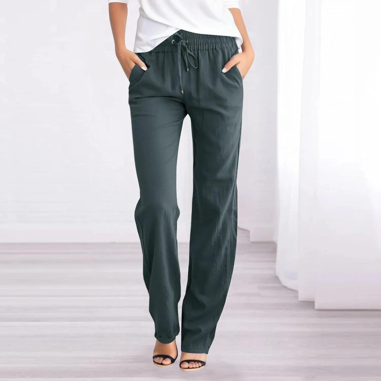 Women's Linen Pants Straight Leg Drawstring Elastic High Waist Loose Comfy Palazzo Trousers with Pockets