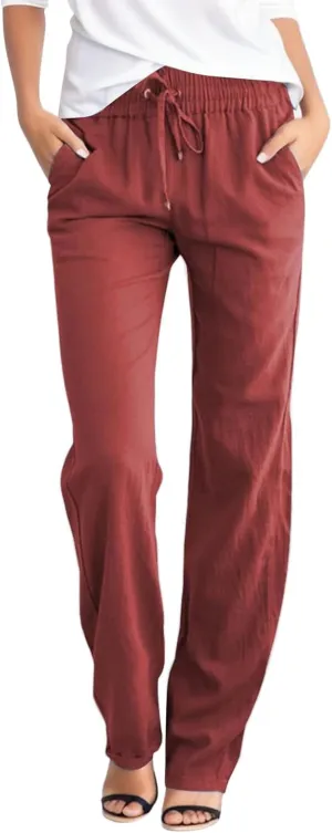 Women's Linen Pants Straight Leg Drawstring Elastic High Waist Loose Comfy Palazzo Trousers with Pockets