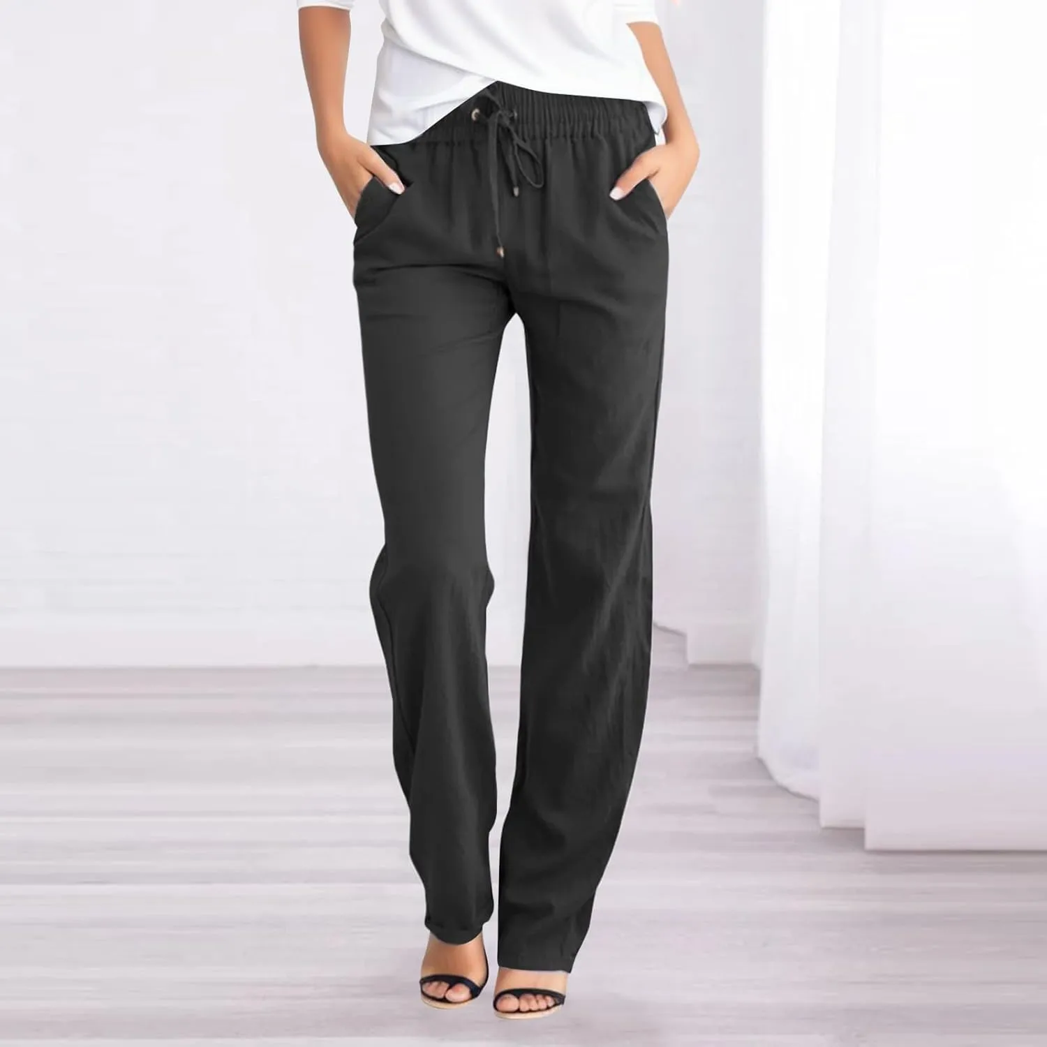 Women's Linen Pants Straight Leg Drawstring Elastic High Waist Loose Comfy Palazzo Trousers with Pockets