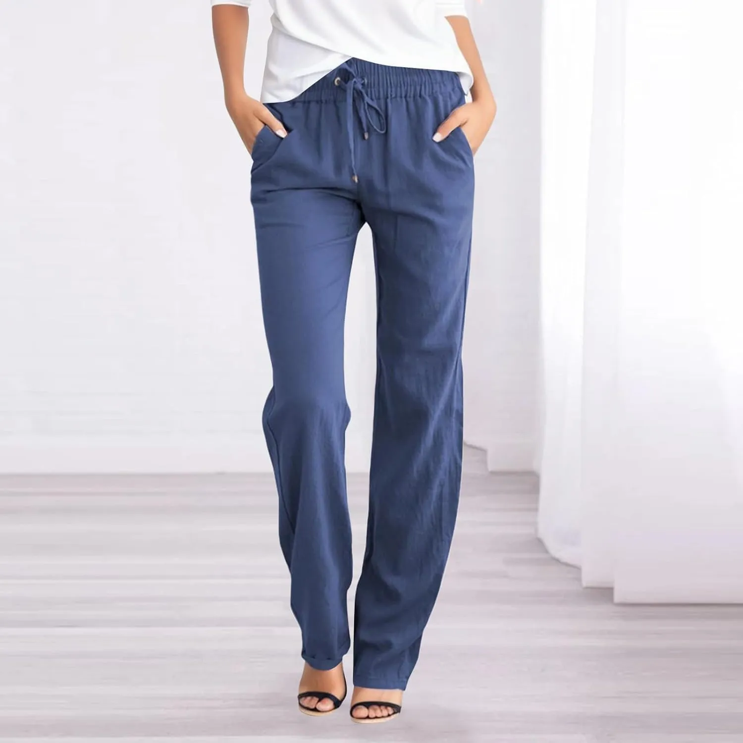 Women's Linen Pants Straight Leg Drawstring Elastic High Waist Loose Comfy Palazzo Trousers with Pockets
