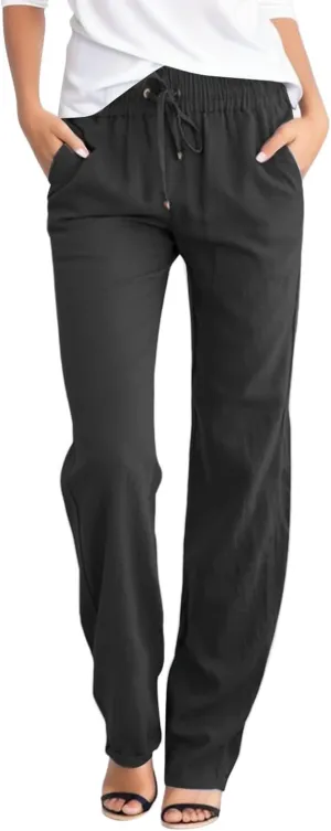 Women's Linen Pants Straight Leg Drawstring Elastic High Waist Loose Comfy Palazzo Trousers with Pockets