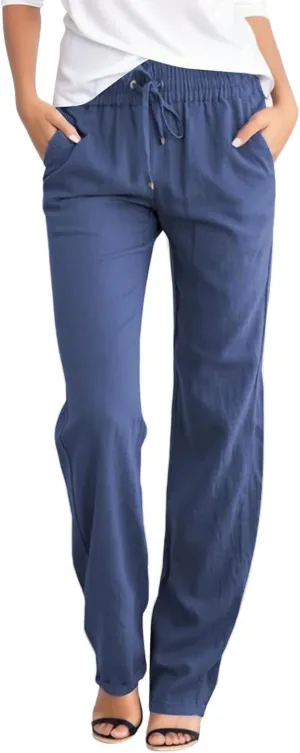 Women's Linen Pants Straight Leg Drawstring Elastic High Waist Loose Comfy Palazzo Trousers with Pockets