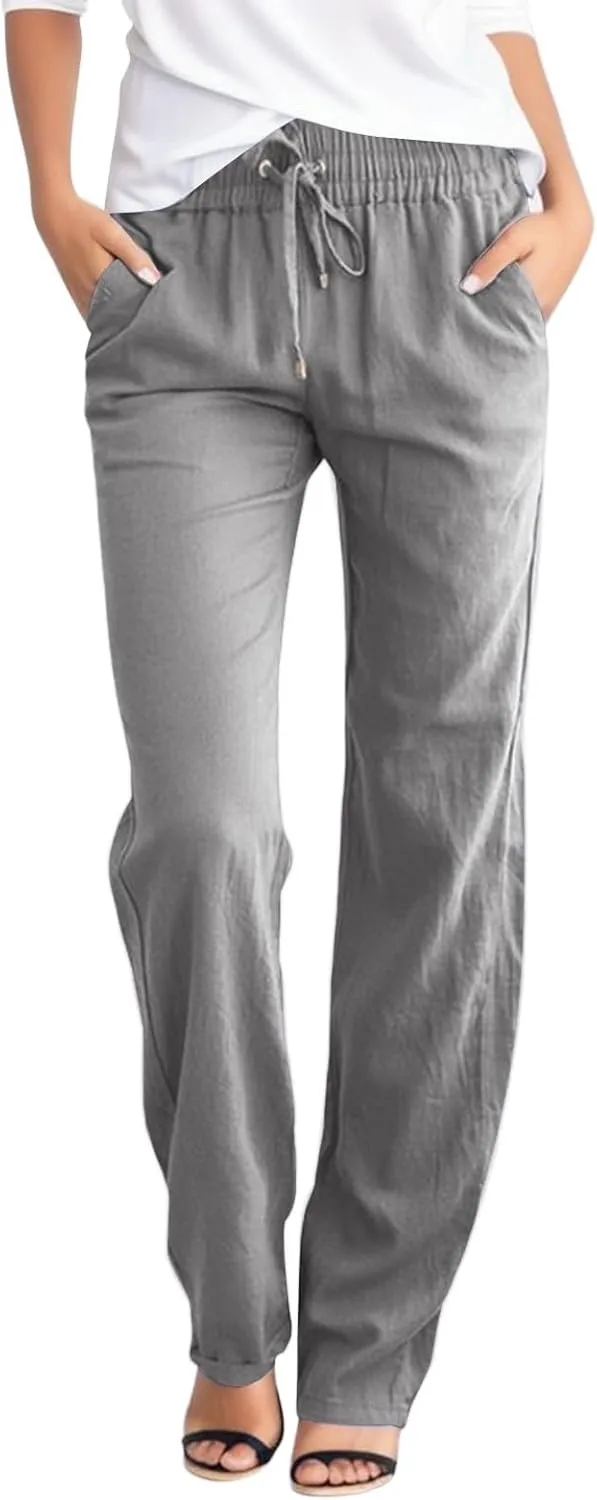Women's Linen Pants Straight Leg Drawstring Elastic High Waist Loose Comfy Palazzo Trousers with Pockets
