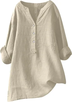 Women's Linen Shirts Summer Cotton Linen Solid Short Sleeve T Shirts Casual Loose Fit Trendy V Neck Blouses