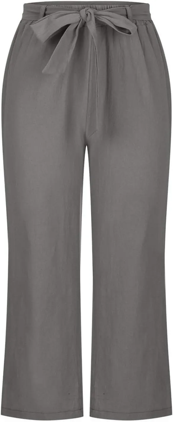 Womens Linen Wide Leg Pants Casual Loose Elastic Waist Pants Drawstring Baggy Loose Beach Trousers with Pockets
