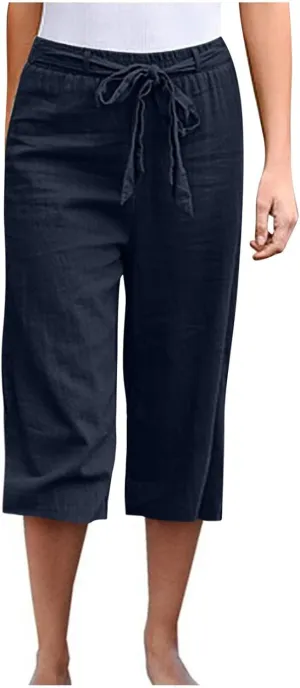 Womens Linen Wide Leg Pants Casual Loose Elastic Waist Pants Drawstring Baggy Loose Beach Trousers with Pockets