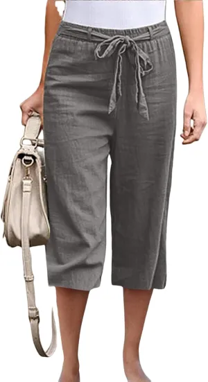 Womens Linen Wide Leg Pants Casual Loose Elastic Waist Pants Drawstring Baggy Loose Beach Trousers with Pockets