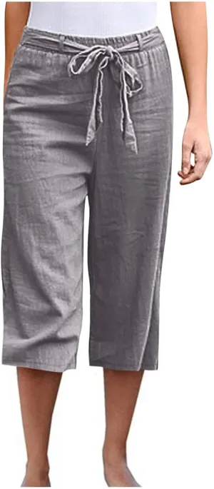 Womens Linen Wide Leg Pants Casual Loose Elastic Waist Pants Drawstring Baggy Loose Beach Trousers with Pockets