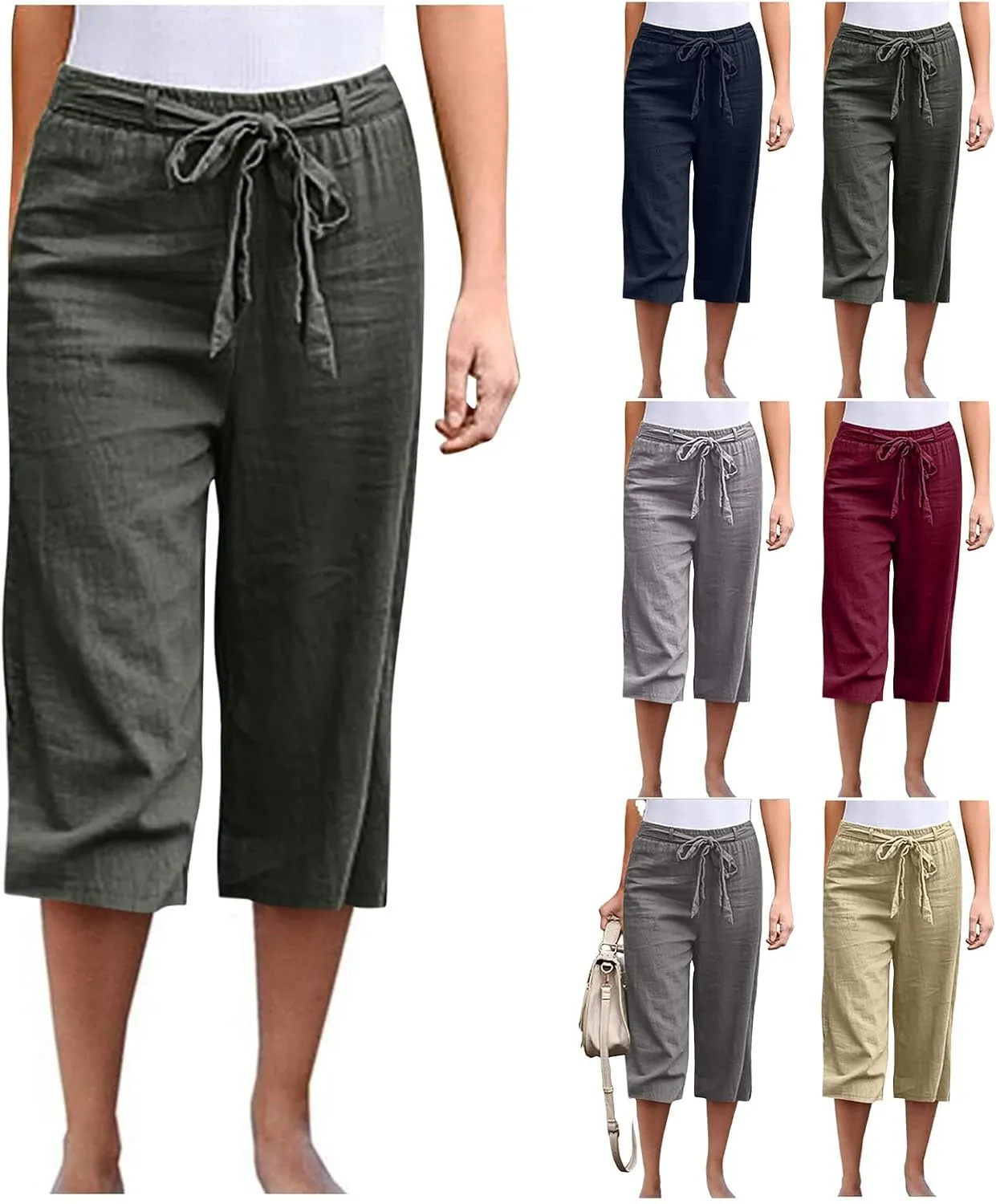 Womens Linen Wide Leg Pants Casual Loose Elastic Waist Pants Drawstring Baggy Loose Beach Trousers with Pockets