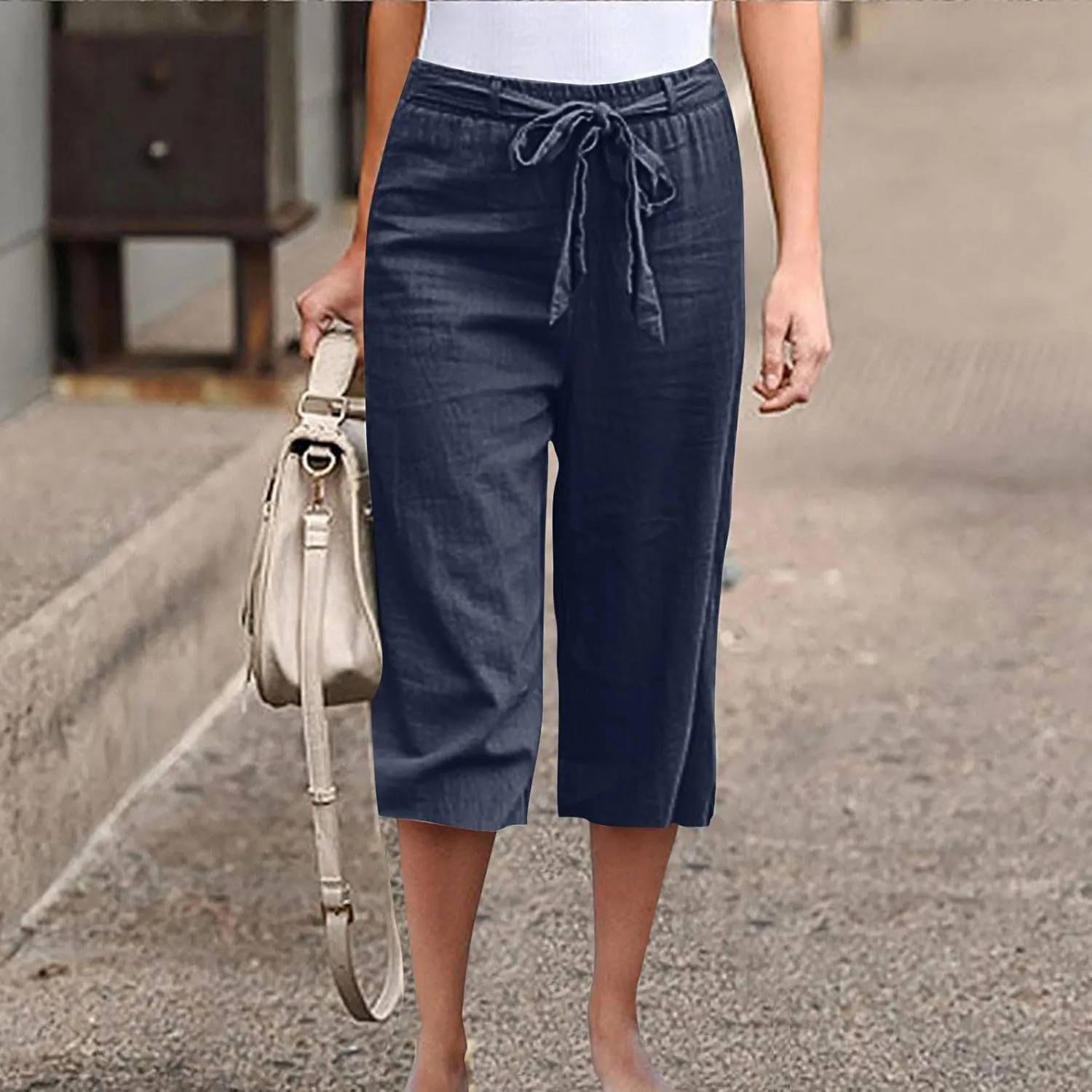 Womens Linen Wide Leg Pants Casual Loose Elastic Waist Pants Drawstring Baggy Loose Beach Trousers with Pockets