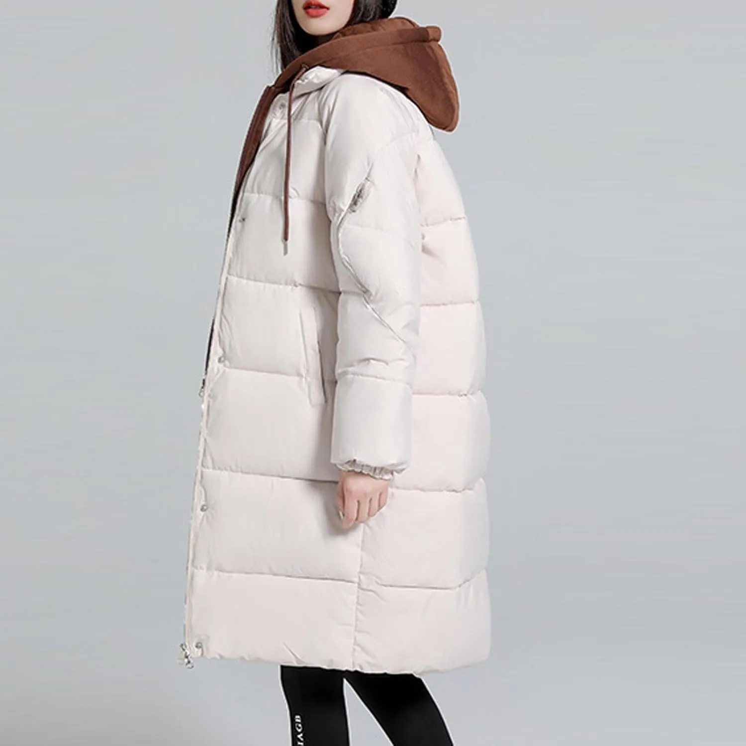 Womens Long Puffer Down Jacket 2023 Fashion Fake Two Piece Hooded Heavyweight Warm Coat Winter Elegant Solid Thermal Overcoat