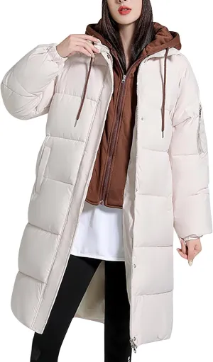Womens Long Puffer Down Jacket 2023 Fashion Fake Two Piece Hooded Heavyweight Warm Coat Winter Elegant Solid Thermal Overcoat