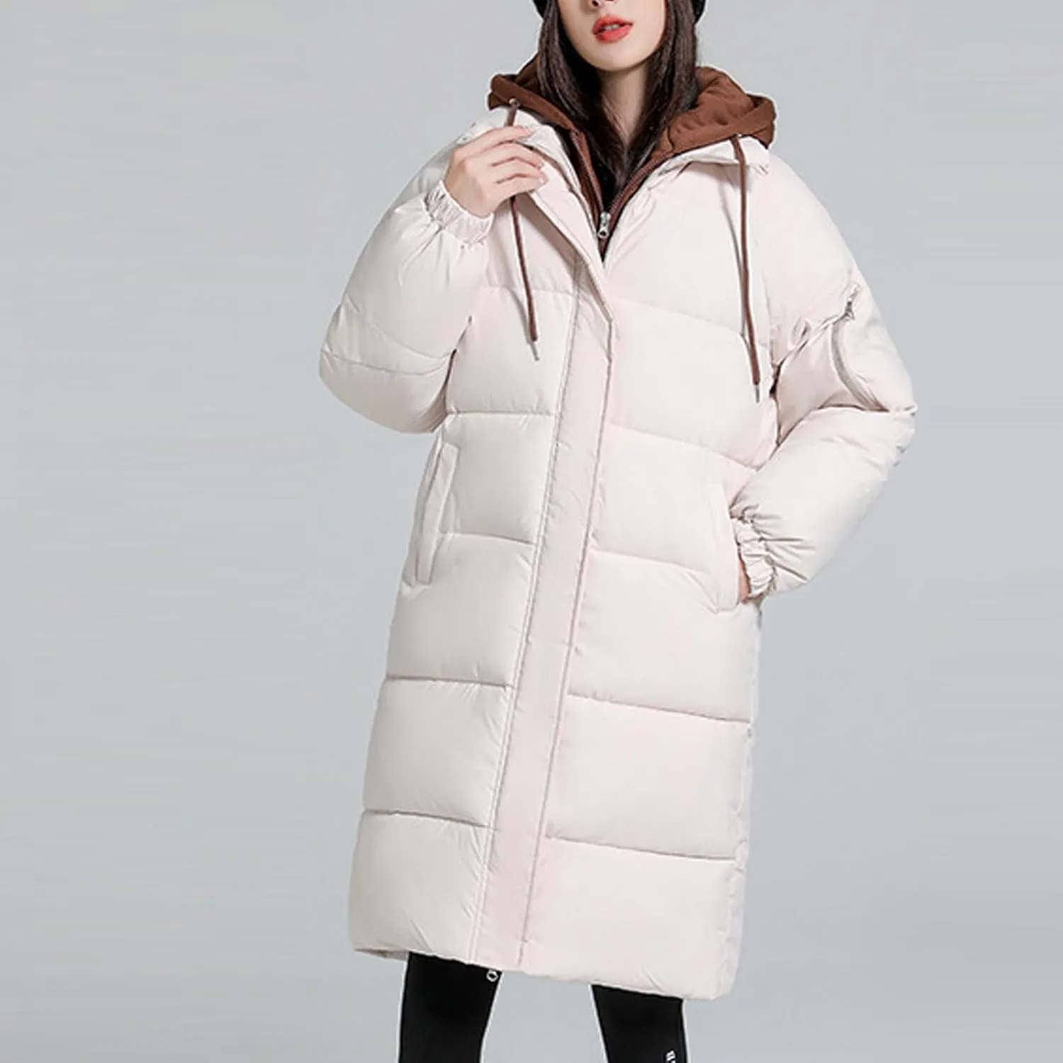 Womens Long Puffer Down Jacket 2023 Fashion Fake Two Piece Hooded Heavyweight Warm Coat Winter Elegant Solid Thermal Overcoat