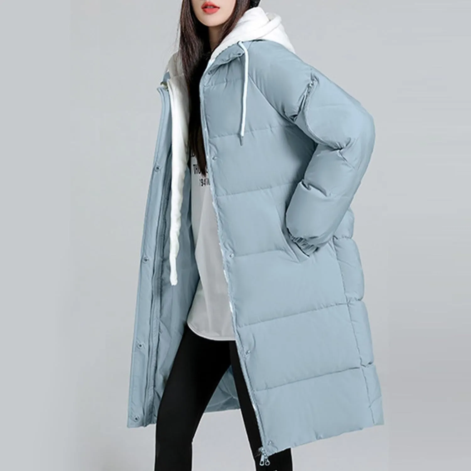 Womens Long Puffer Down Jacket 2023 Fashion Fake Two Piece Hooded Heavyweight Warm Coat Winter Elegant Solid Thermal Overcoat