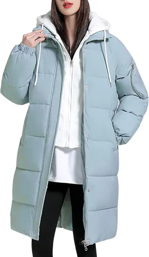 Womens Long Puffer Down Jacket 2023 Fashion Fake Two Piece Hooded Heavyweight Warm Coat Winter Elegant Solid Thermal Overcoat
