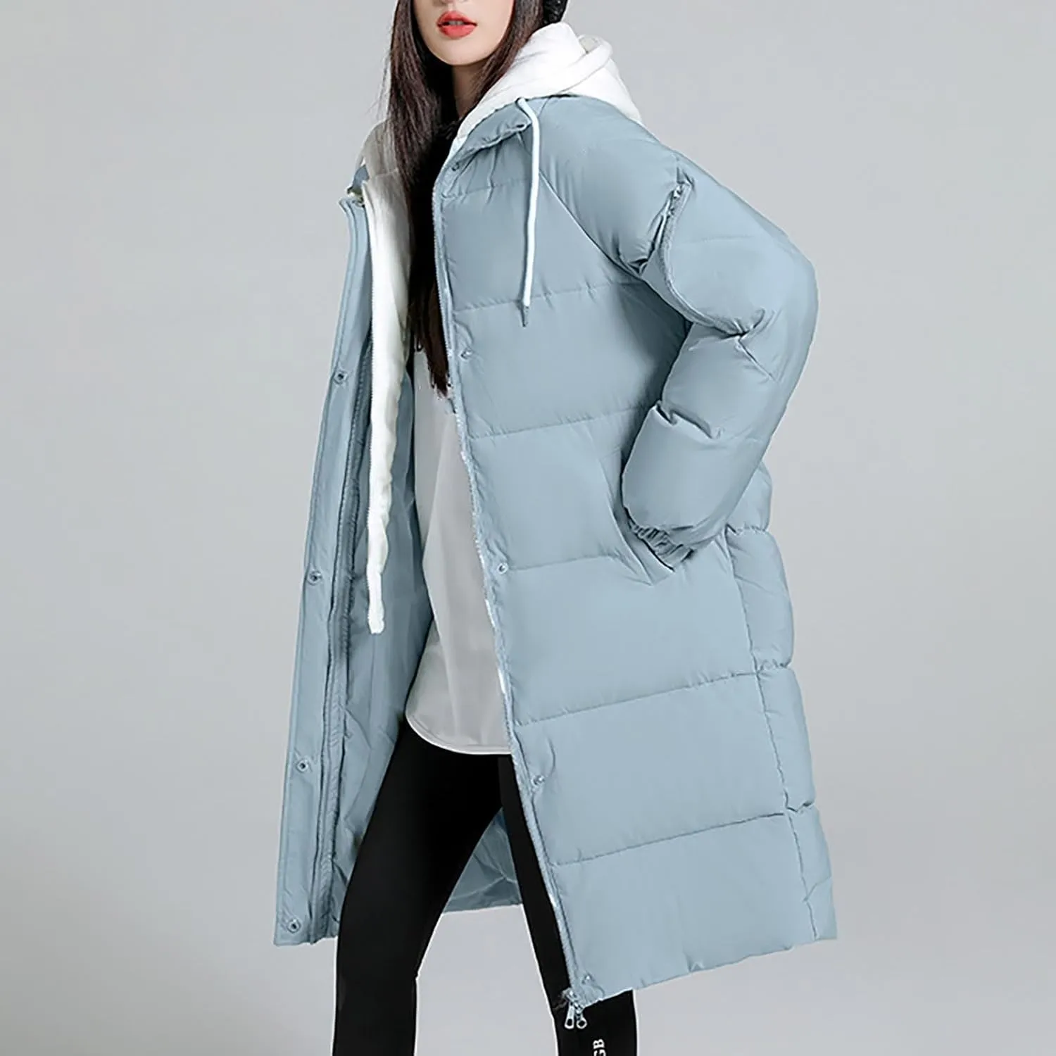 Womens Long Puffer Down Jacket 2023 Fashion Fake Two Piece Hooded Heavyweight Warm Coat Winter Elegant Solid Thermal Overcoat