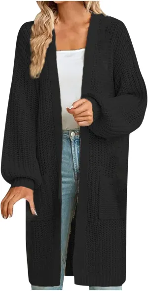 Women's Open Front Cardigan Oversized Chunky Knit Sweater Long Lantern Sleeve Outwear with Pocket 2025 Fashion