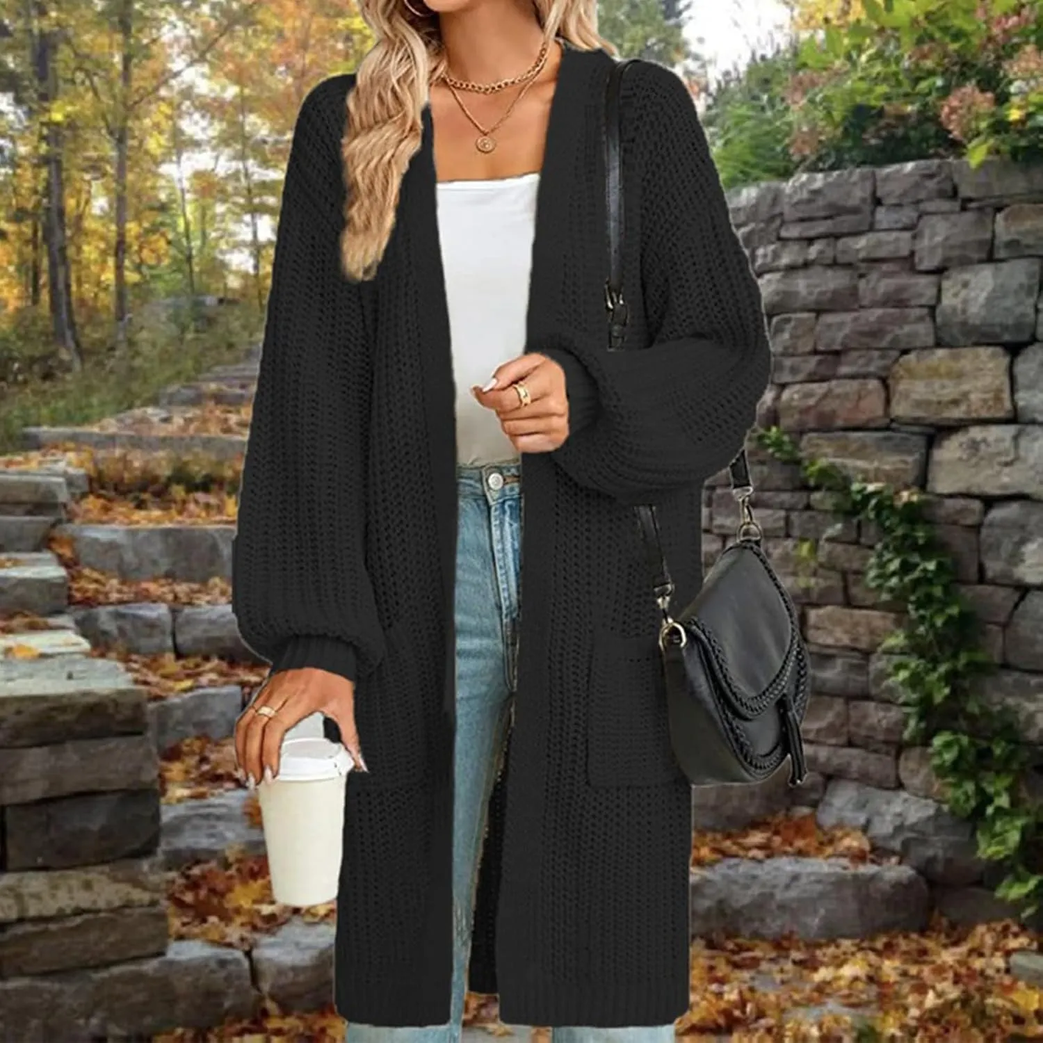 Women's Open Front Cardigan Oversized Chunky Knit Sweater Long Lantern Sleeve Outwear with Pocket 2025 Fashion
