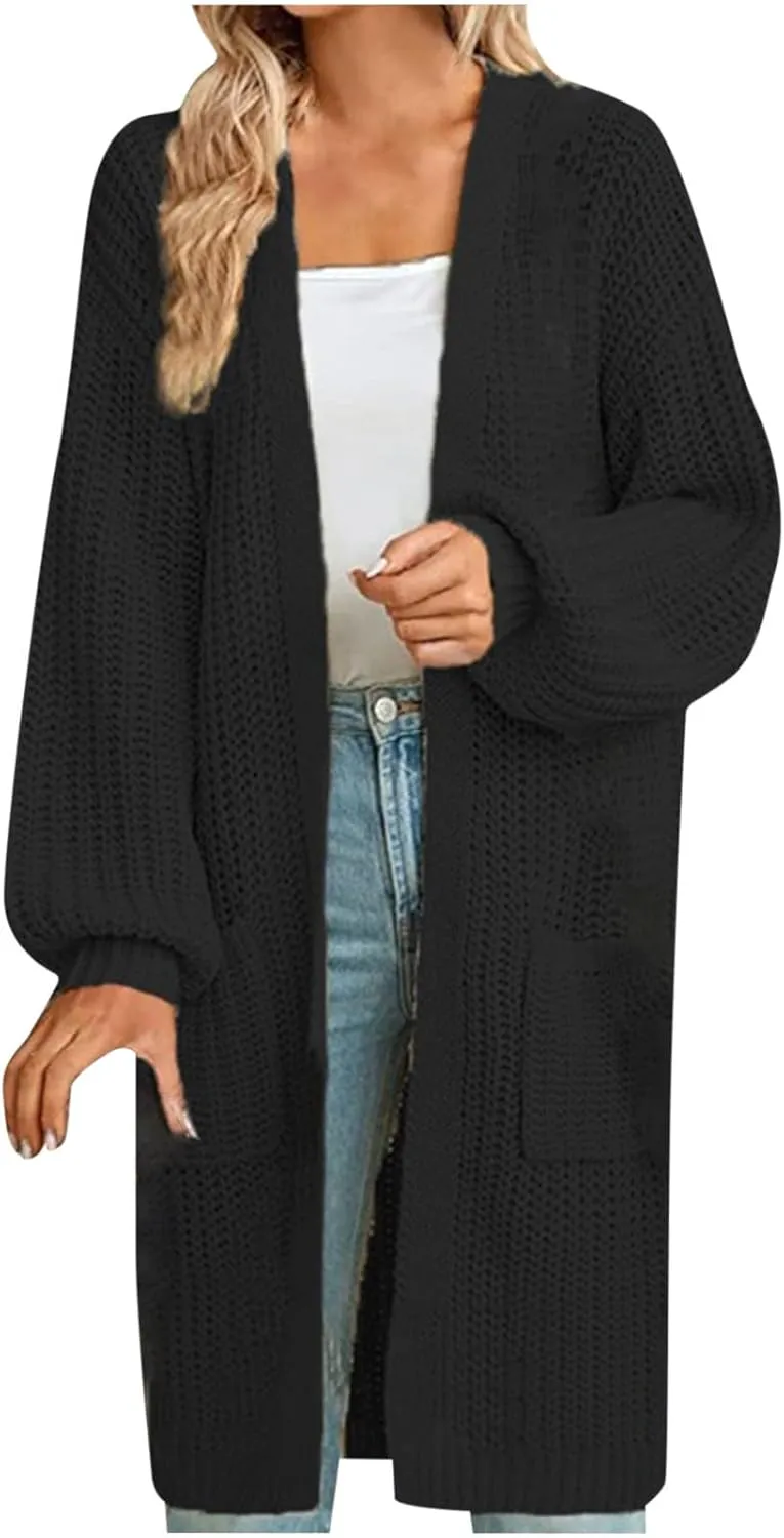 Women's Open Front Cardigan Oversized Chunky Knit Sweater Long Lantern Sleeve Outwear with Pocket 2025 Fashion