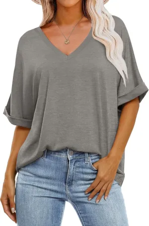 Womens Oversized T Shirts V Neck Loose Fit Shirts Short Sleeve Summer Casual Tops 2025 Trendy Blouses Y2K Plain Tees