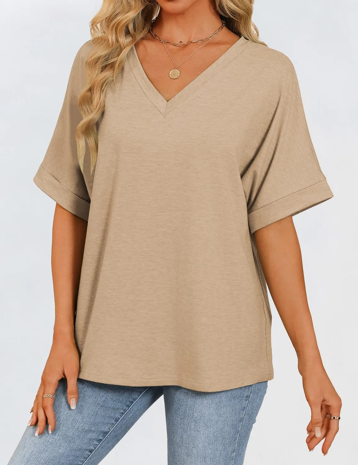 Womens Oversized T Shirts V Neck Loose Fit Shirts Short Sleeve Summer Casual Tops 2025 Trendy Blouses Y2K Plain Tees
