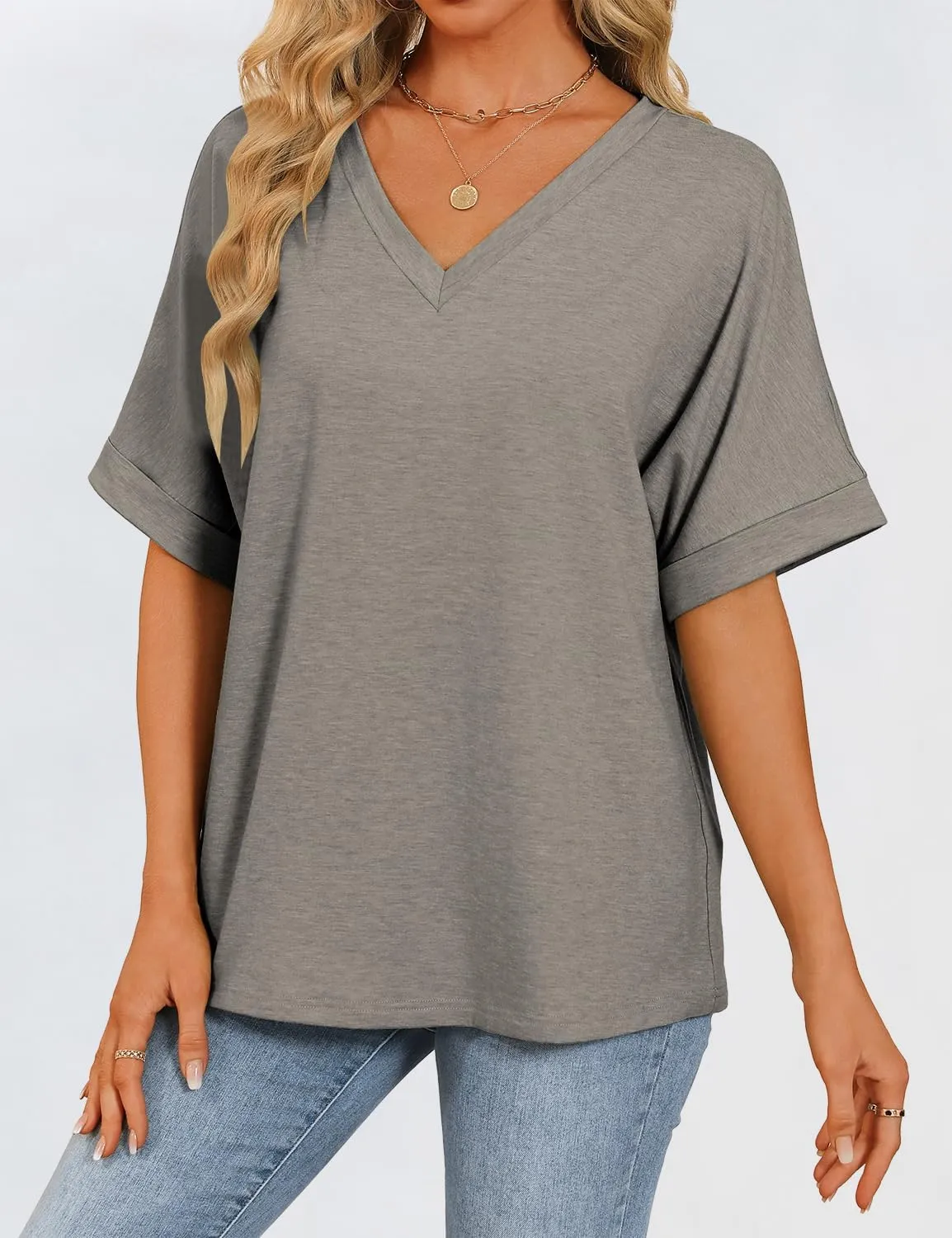 Womens Oversized T Shirts V Neck Loose Fit Shirts Short Sleeve Summer Casual Tops 2025 Trendy Blouses Y2K Plain Tees