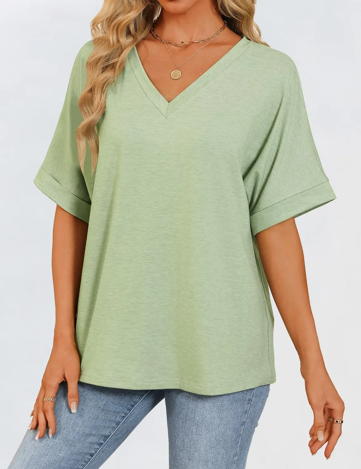 Womens Oversized T Shirts V Neck Loose Fit Shirts Short Sleeve Summer Casual Tops 2025 Trendy Blouses Y2K Plain Tees