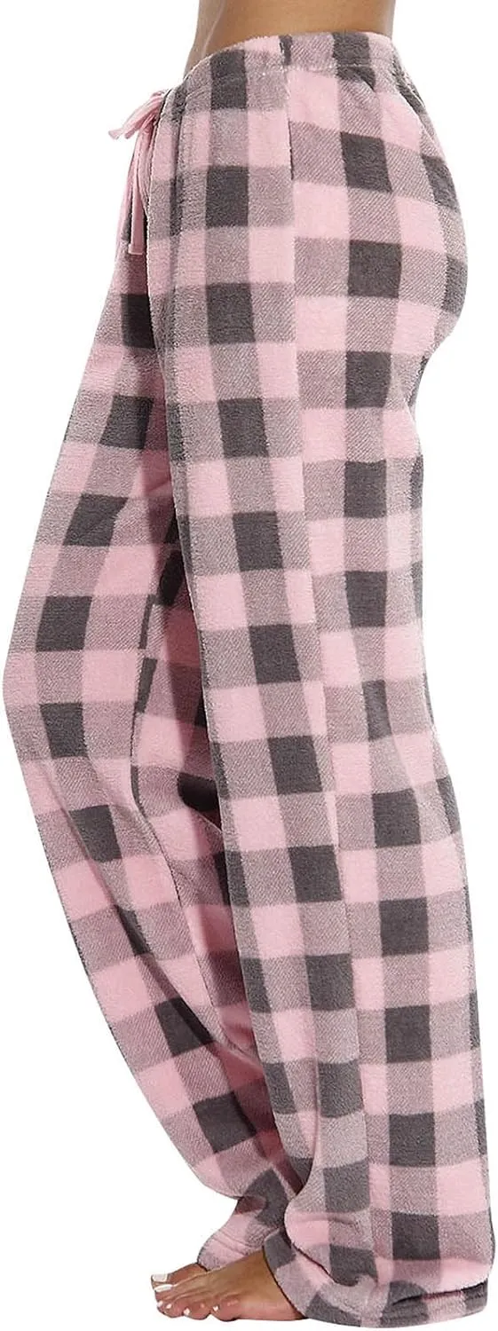 Womens Plaid Flannel Fuzzy Fleece Pajama Pants - Drawstring Sleep Bottoms, Comfy Stretch Lounge PJ