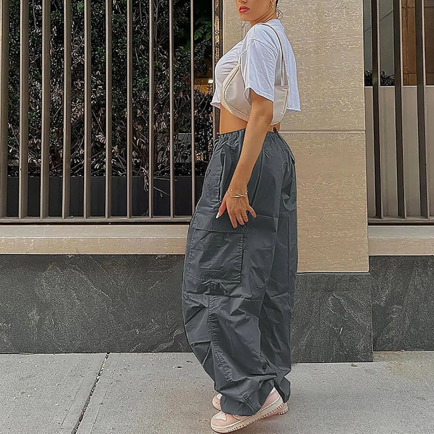 Women's Plus Size Tethered Straight Cargo Pants Straight Wide Leg Loose Casual Trousers