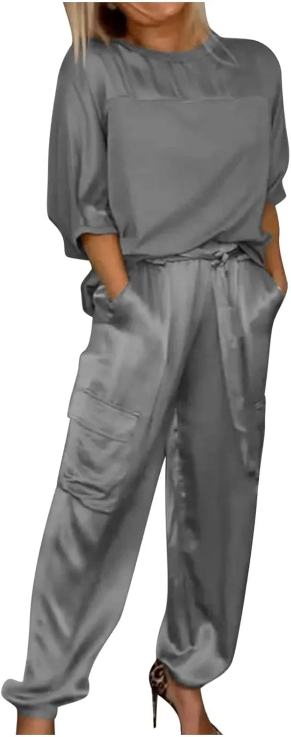 Womens Satin 2 Piece Outfits Silk Lounge Sets Casual Loose Color Block 3/4 Sleeve Tops and Wide Leg Satin Pants Sets