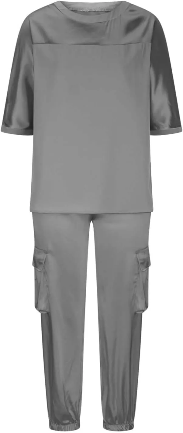 Womens Satin 2 Piece Outfits Silk Lounge Sets Casual Loose Color Block 3/4 Sleeve Tops and Wide Leg Satin Pants Sets