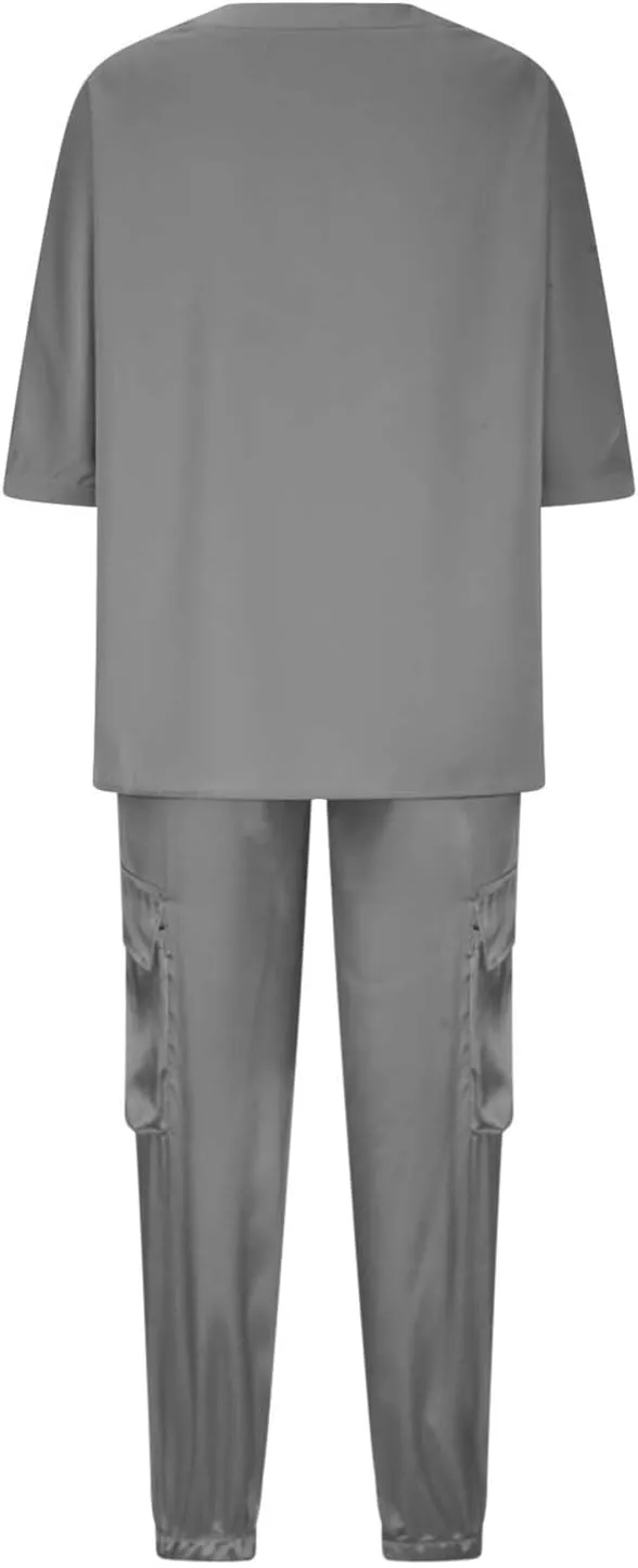 Womens Satin 2 Piece Outfits Silk Lounge Sets Casual Loose Color Block 3/4 Sleeve Tops and Wide Leg Satin Pants Sets