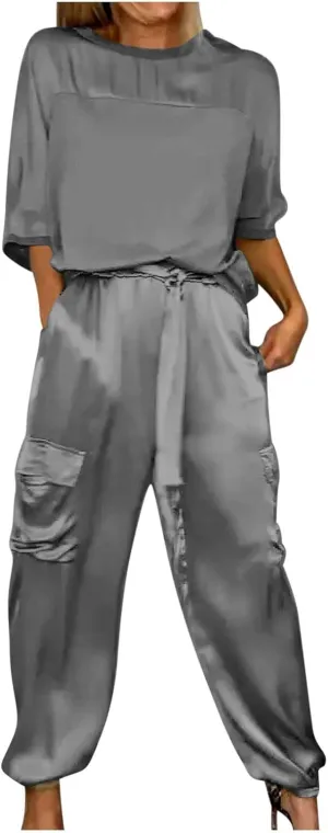 Womens Satin 2 Piece Outfits Silk Lounge Sets Casual Loose Color Block 3/4 Sleeve Tops and Wide Leg Satin Pants Sets