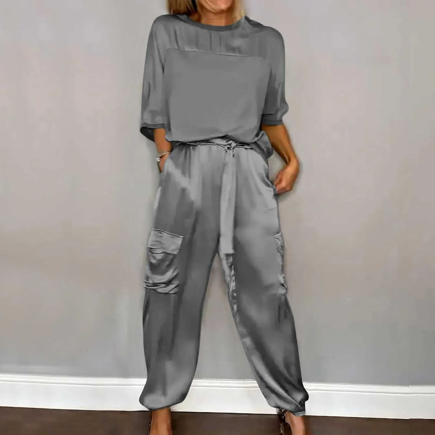 Womens Satin 2 Piece Outfits Silk Lounge Sets Casual Loose Color Block 3/4 Sleeve Tops and Wide Leg Satin Pants Sets