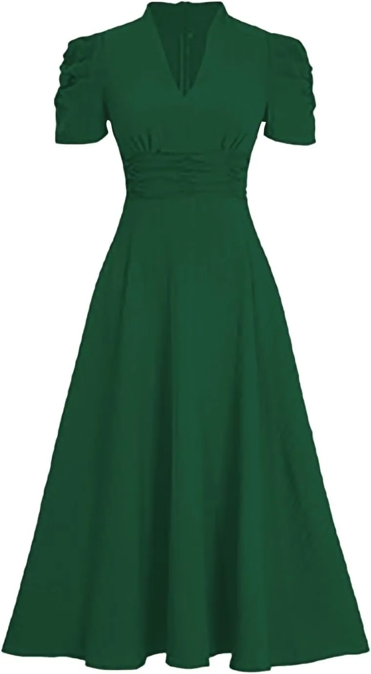 Women's Short Flutter Sleeve Dress High Waist V Neck Puff Sleeve Wedding Guest Pleated Formal Evening Maxi Dresses
