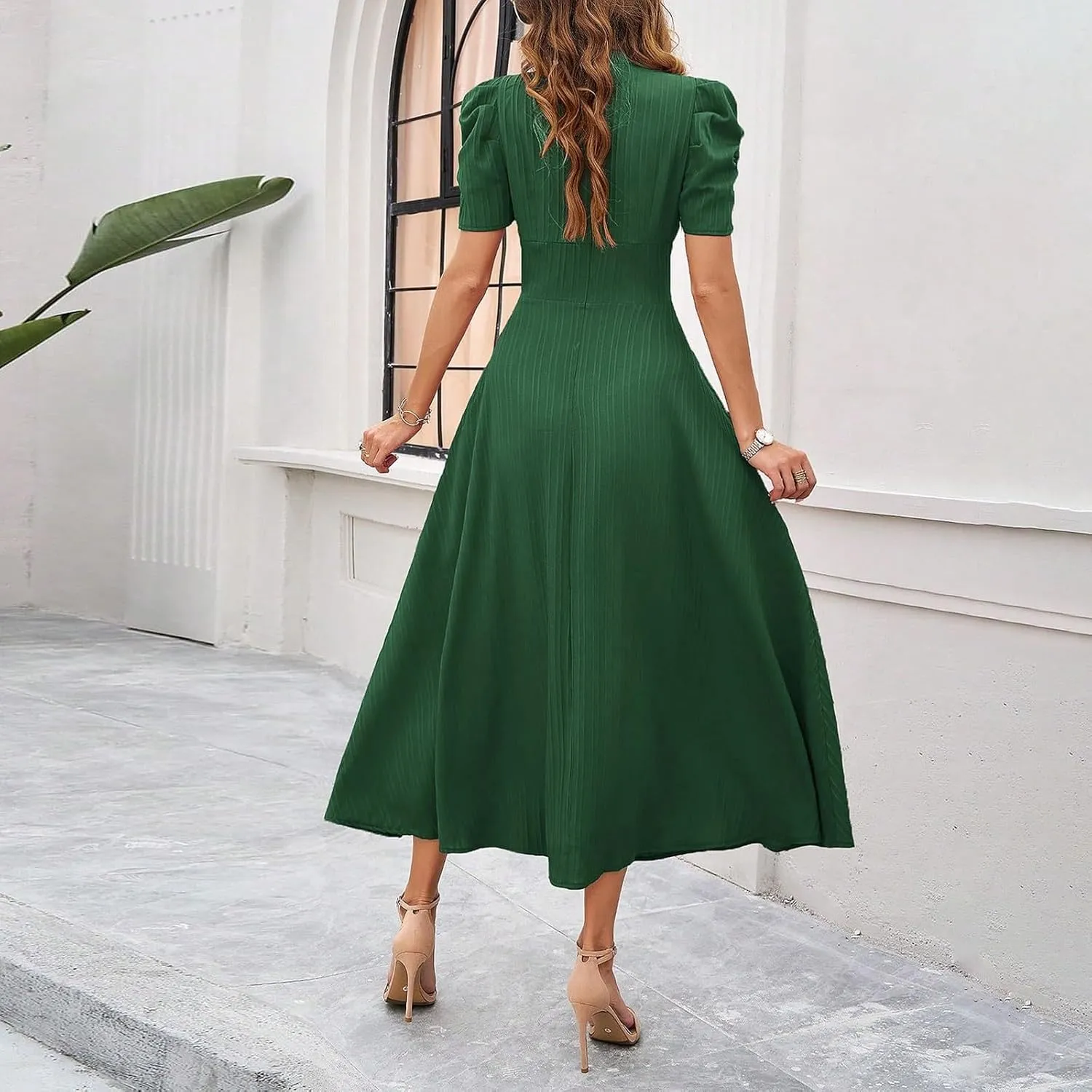 Women's Short Flutter Sleeve Dress High Waist V Neck Puff Sleeve Wedding Guest Pleated Formal Evening Maxi Dresses