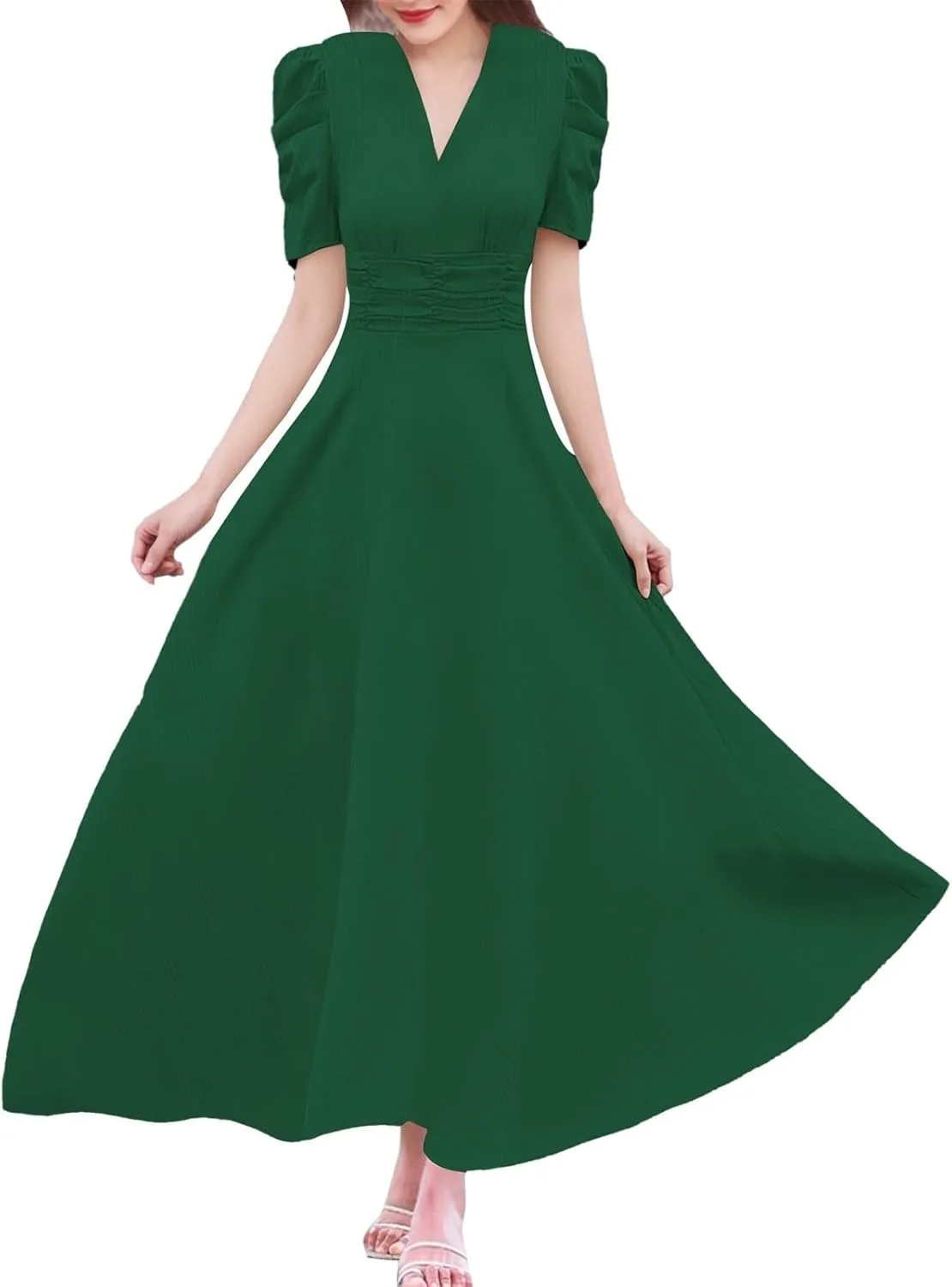 Women's Short Flutter Sleeve Dress High Waist V Neck Puff Sleeve Wedding Guest Pleated Formal Evening Maxi Dresses